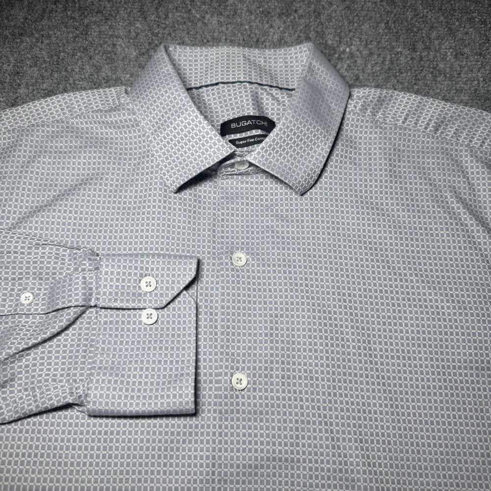 Bugatchi Super Fine Cotton Button Up Shirt Men 17/43 Gray Long Sleeve Dress